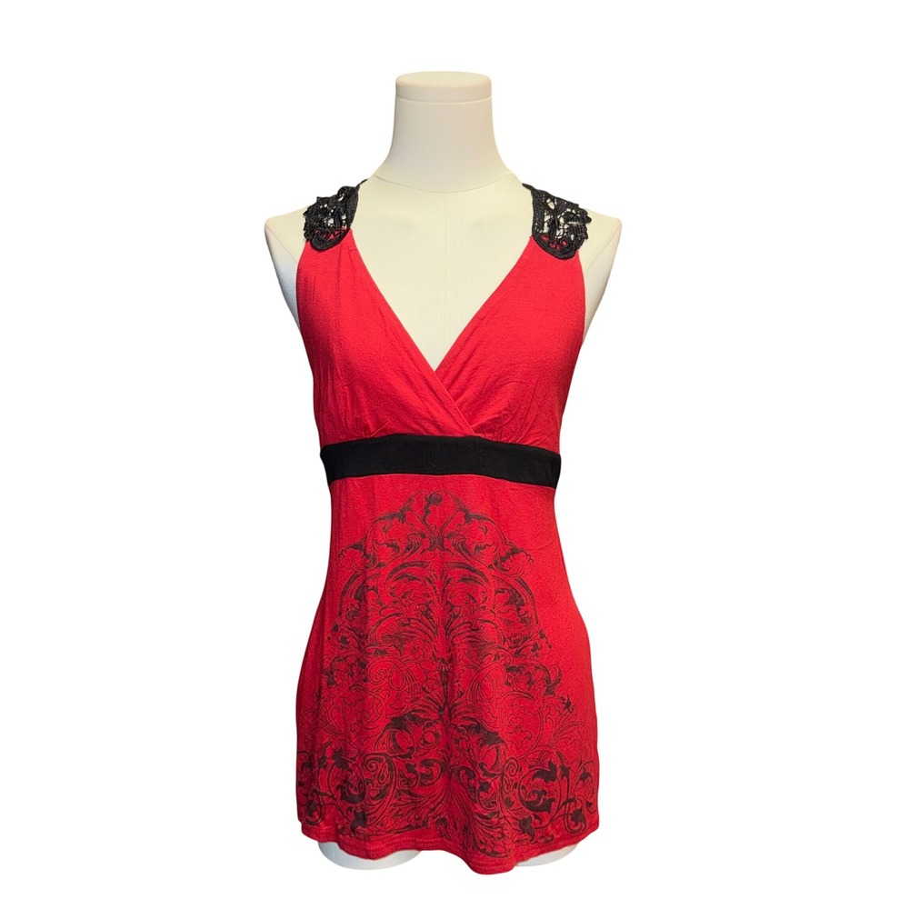 Red Black Tunic Top Womens Small S V-Neck Sleeveless Baroque Scroll Print Lace